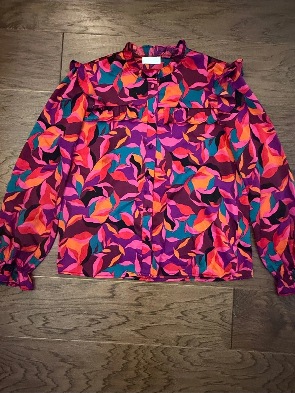Q2 Colorblock Ruffle Top in Pink, Purple, Orange, Teal-S - Picture 2 of 9